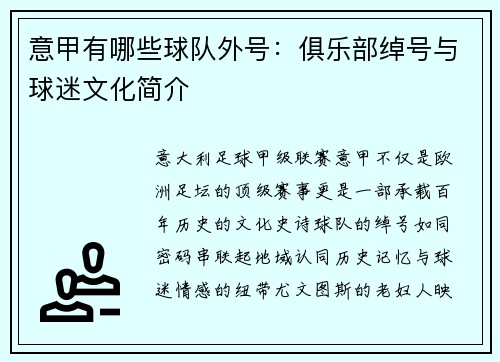 意甲有哪些球队外号：俱乐部绰号与球迷文化简介
