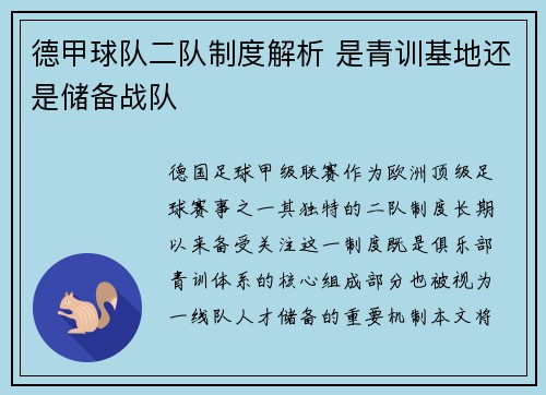德甲球队二队制度解析 是青训基地还是储备战队