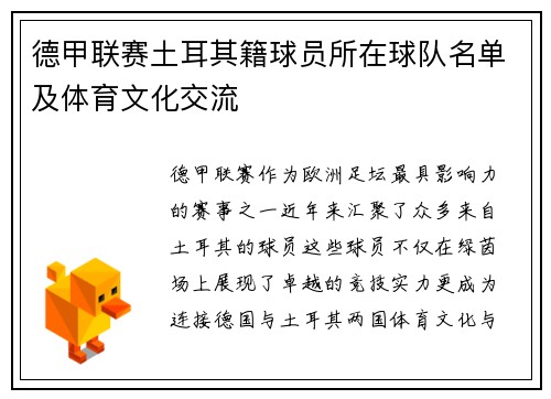 德甲联赛土耳其籍球员所在球队名单及体育文化交流